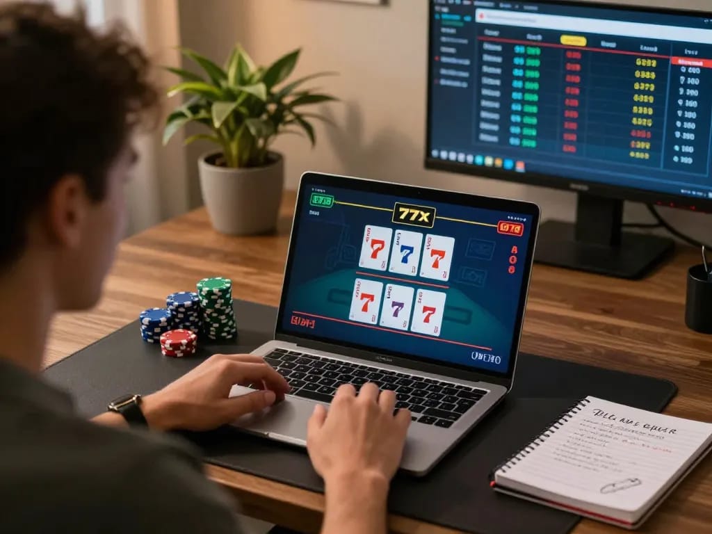 Engaged player strategizing winning bets on 777x blackjack game during cozy home session.