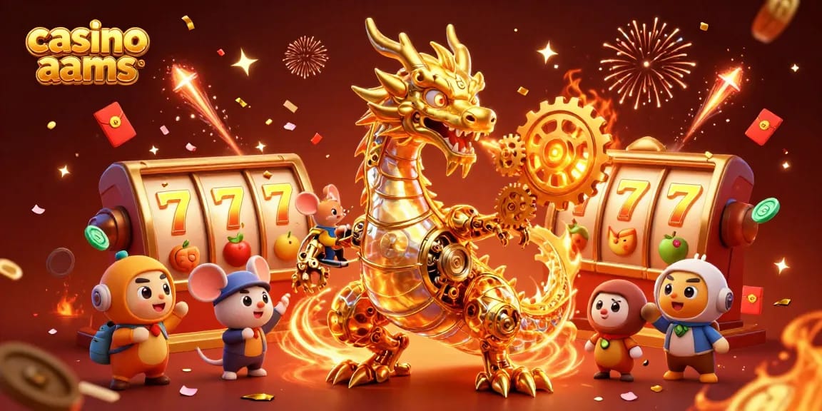 Crea emozioni nei casino non AAMS con il drago d'oro e simboli vincenti, tra fuochi d'artificio e festoni