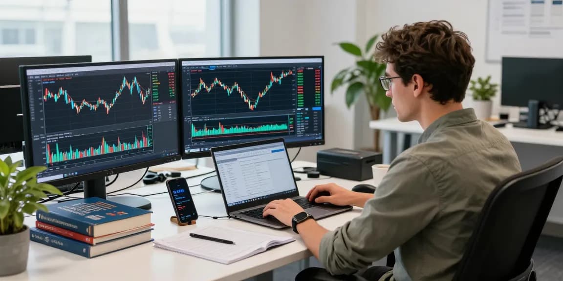 Trader analyzing currency charts on MT4 platform in a modern office