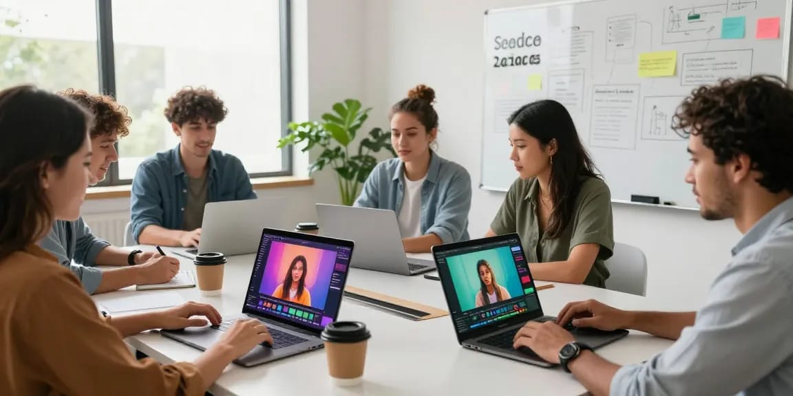 Collaboration in a modern workspace using ai seedance 2.0 for video creation, showcasing diverse creators at work.