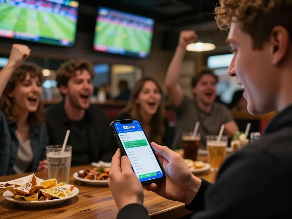 Cheering for favorites while using the 888vnd app for live sports betting in a vibrant sports bar.