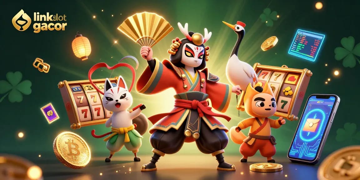 Mainkan link slot gacor dengan 3D kartun kabuki dan elemen kasino di latar belakang berkilau.