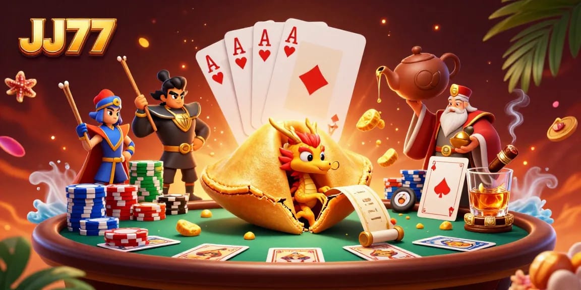 Win big with JJ77 in a vibrant casino scene featuring colorful poker elements and dynamic characters.