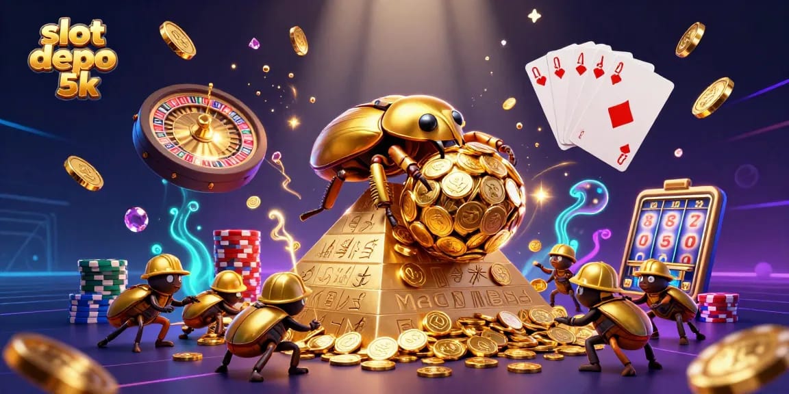Mainkan slot depo 5k dengan kumbang emas membawa koin emas dalam ilustrasi kasino menarik.