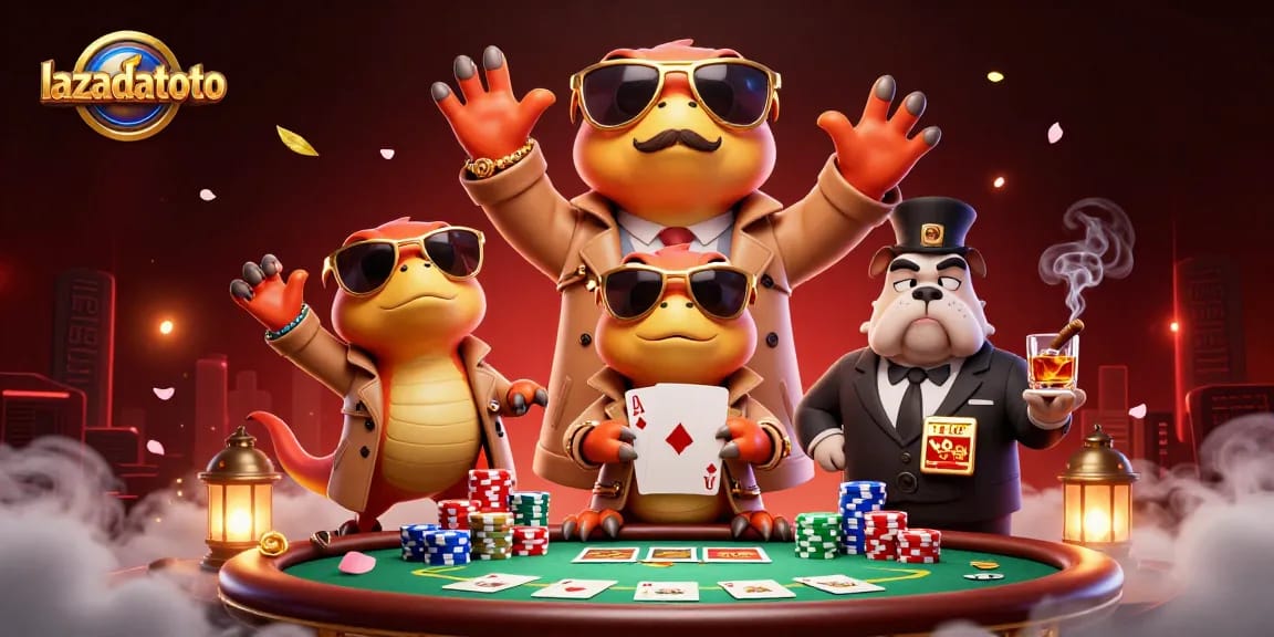 Experience the excitement of lazadatoto as cartoon raptors try to enter a casino lounge, rich in gaming details.