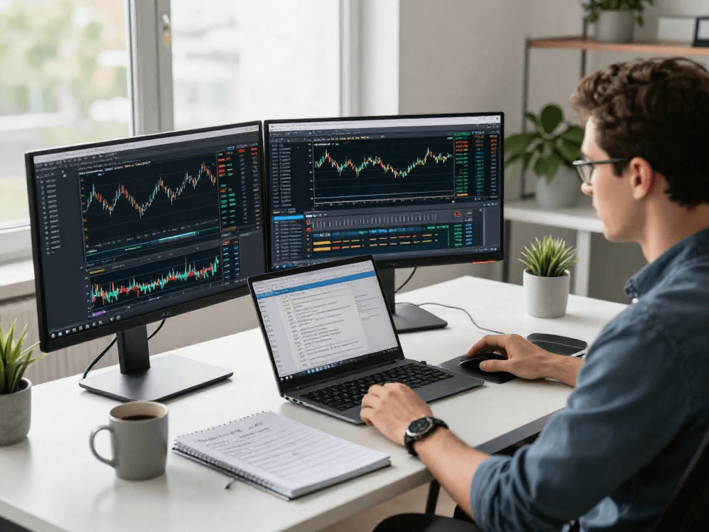 在清新现代的办公环境中,交易者使用MetaTrader 5进行交易分析和市场监控。