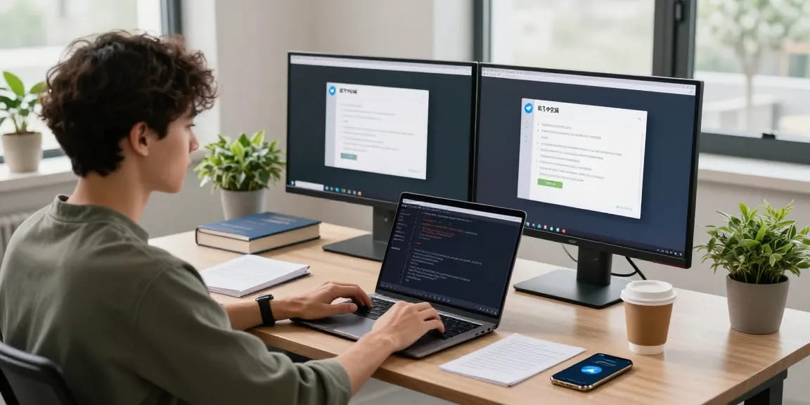 Developer using 纸飞机中文版 on dual monitors in a modern tech workspace.