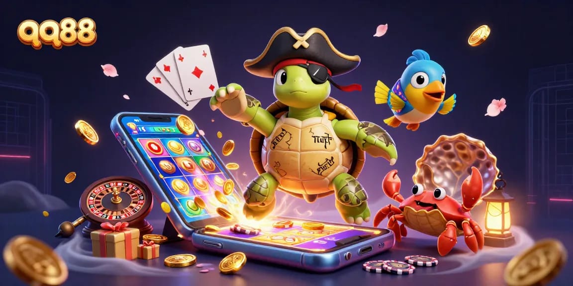 Experience thrilling slots and vibrant action at qq88, featuring colorful characters and dynamic casino elements.