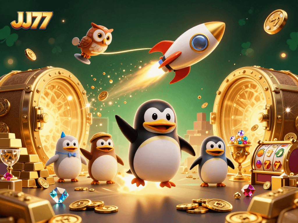 Launch into the excitement of JJ77 with a golden penguin navigating a vibrant casino space scene.