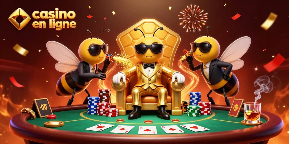 Jouez sur un casino en ligne compétitif avec des personnages vibrants, des éléments de poker et des effets festifs.