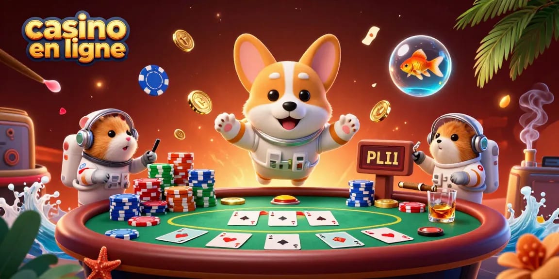 Le corgi astronaute joue au casino en ligne entouré de jetons et billets flottants.