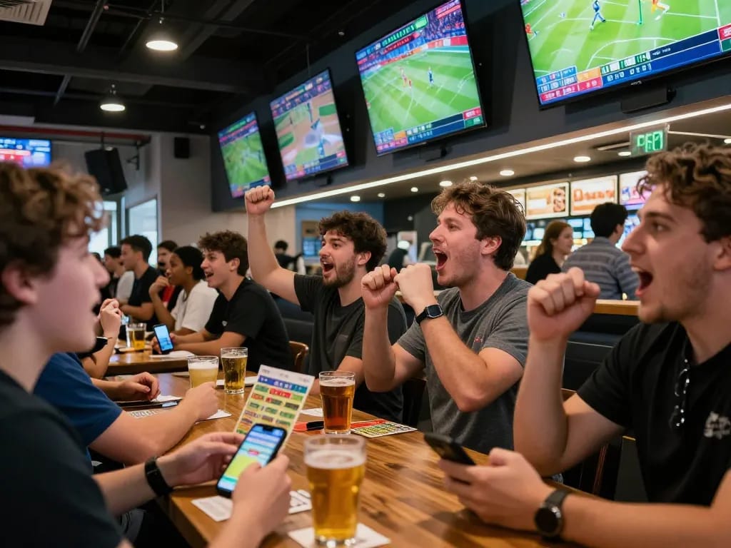 Exciting sports betting scene at a bar showcasing live matches and engaging crowd at f8betz