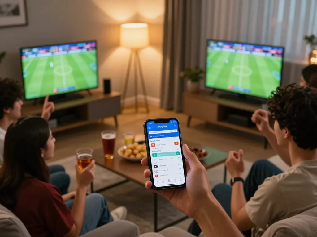 Bongdalu app in use for sports betting, statistics showing live soccer matches, vibrant social setting.