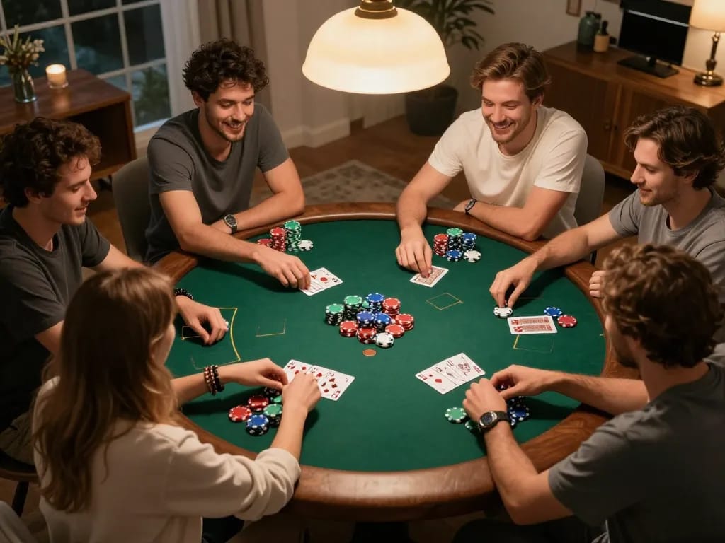 Players engaged in a friendly poker game at home, showcasing the excitement and strategy of luongsontv's gaming scene.