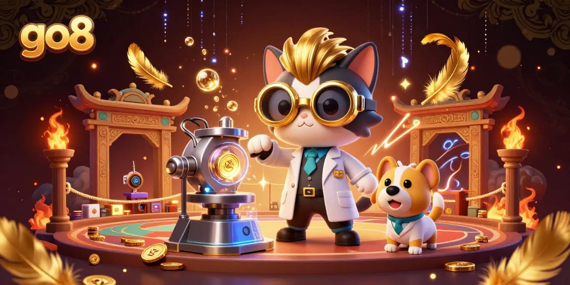 Engage with the thrilling go8 experience featuring a mad scientist cat in a colorful casino lab, creating gold coins.