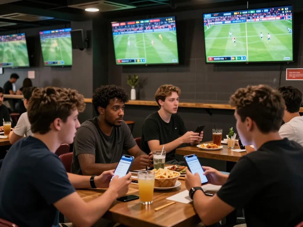 Fans enjoying sports betting at the bar while using mobile apps, highlighting tylekeonhacai88