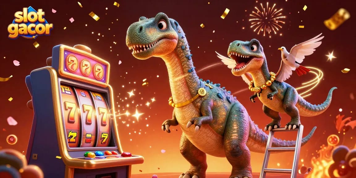 Experience thrilling wins at slot gacor with a vibrant casino scene featuring playful dinosaur characters and dynamic slot machines.