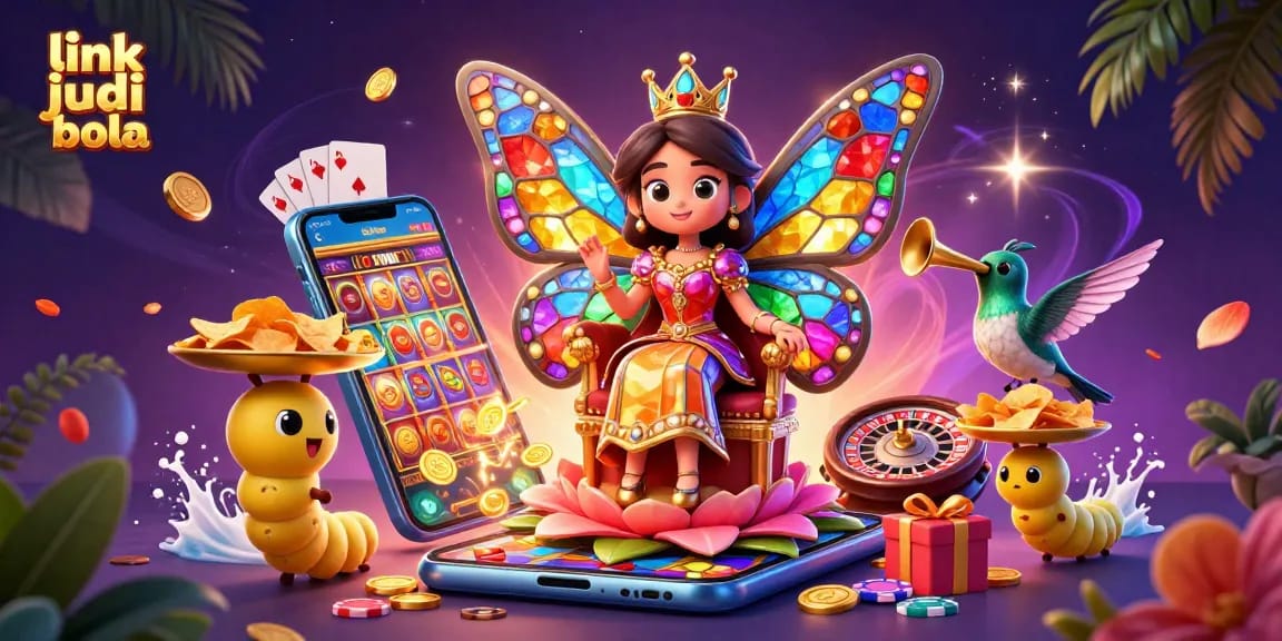 Mengakses link judi bola melalui ilustrasi 3D ratu kupu-kupu dengan elemen judi menarik yang menggoda