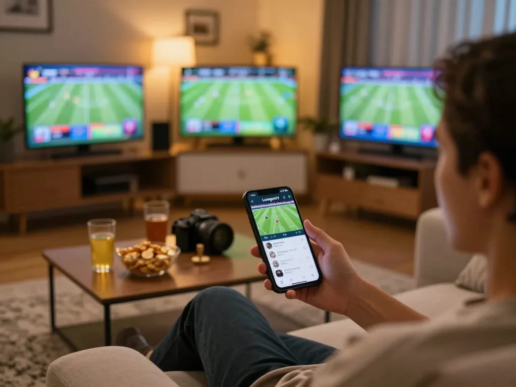Engaging in live sports betting via Luongsontv app with a smartphone in a cozy home