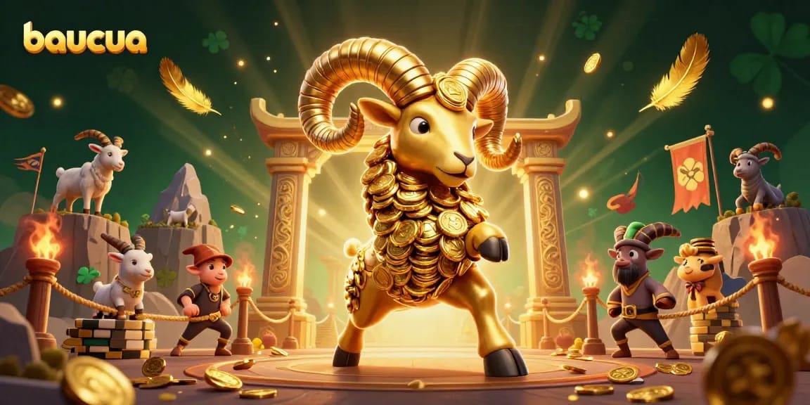 Baucua features a fearless golden ram charging through a vibrant casino arena filled with gold coins and dynamic effects.