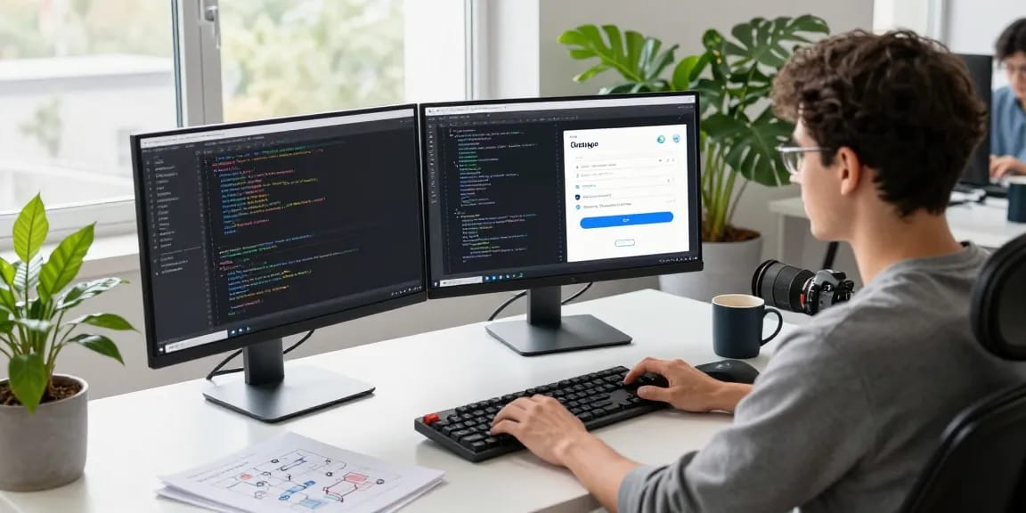 Engaging tech workspace showing a developer using the Telegram app, with coding monitors and a modern desk setup, highlighting 纸飞机中文版 functionalities.