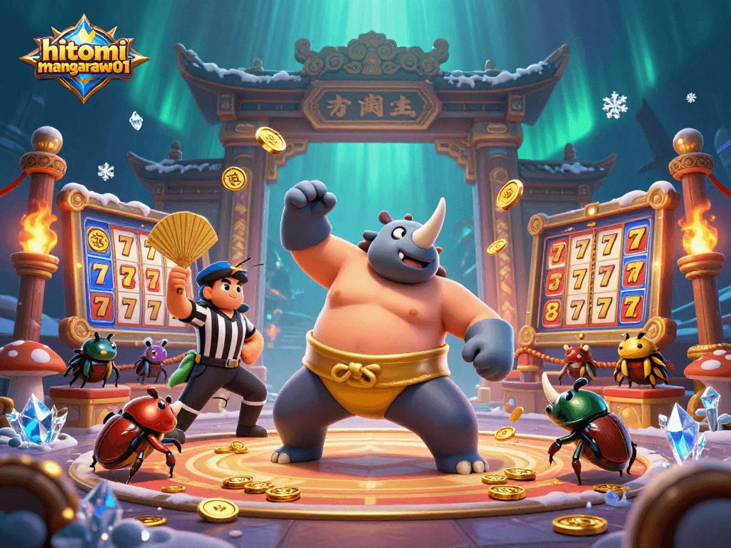 hitomi-mangaraw01 features a dynamic 3D illustration of a sumo champion beetle and gambling elements, highlighting exciting casino action.