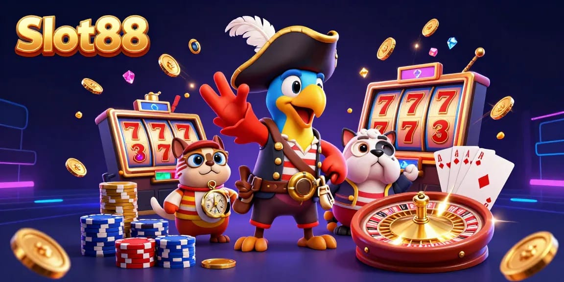 Engage with Slot88's vibrant 3D casino scene, featuring dynamic characters and captivating game elements.