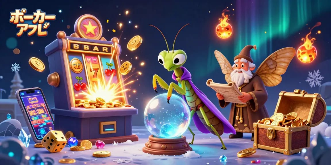 ポーカーアプリが盛り上がるシーン、キャラクターたちがジャックポットの興奮を感じる