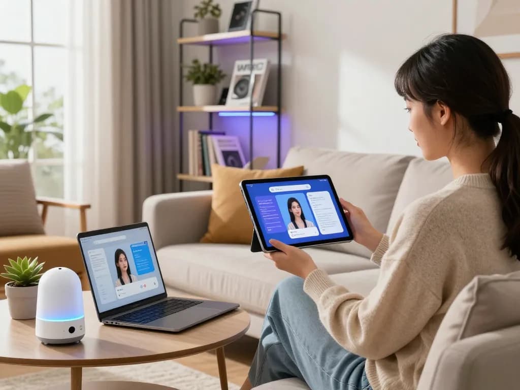 AI girlfriend app user engaged in chat on tablet in modern living room