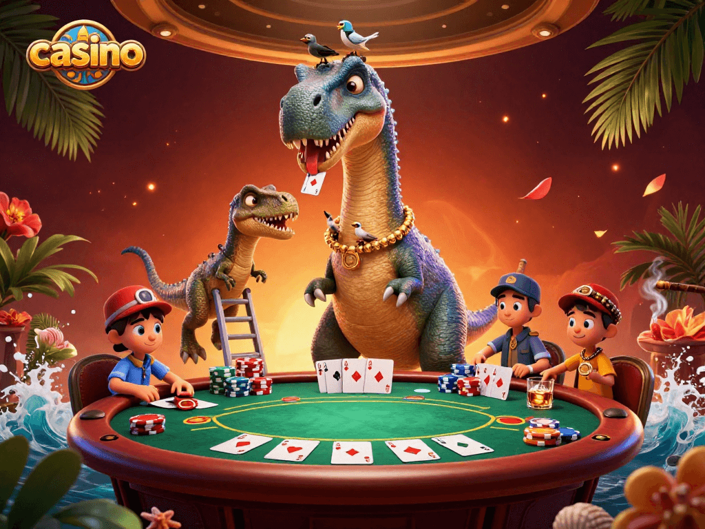 Engage with the vibrant casino scene showcasing strategic poker action under the giant brontosaurus.