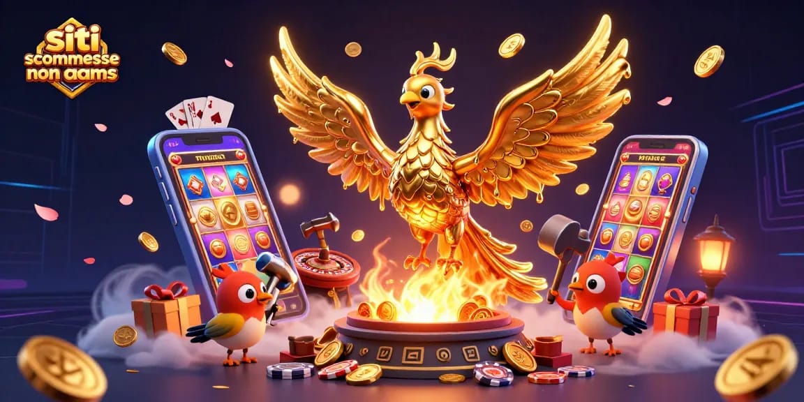 Scommetti nei migliori siti scommesse non AAMS con divertenti slot e giochi innovativi, circondato da monete dorate.