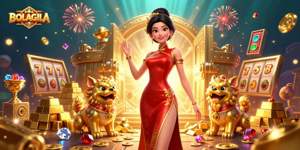 BOLAGILA showcases a stunning 3D scene of an elegant Asian woman among golden treasures and slot game symbols.