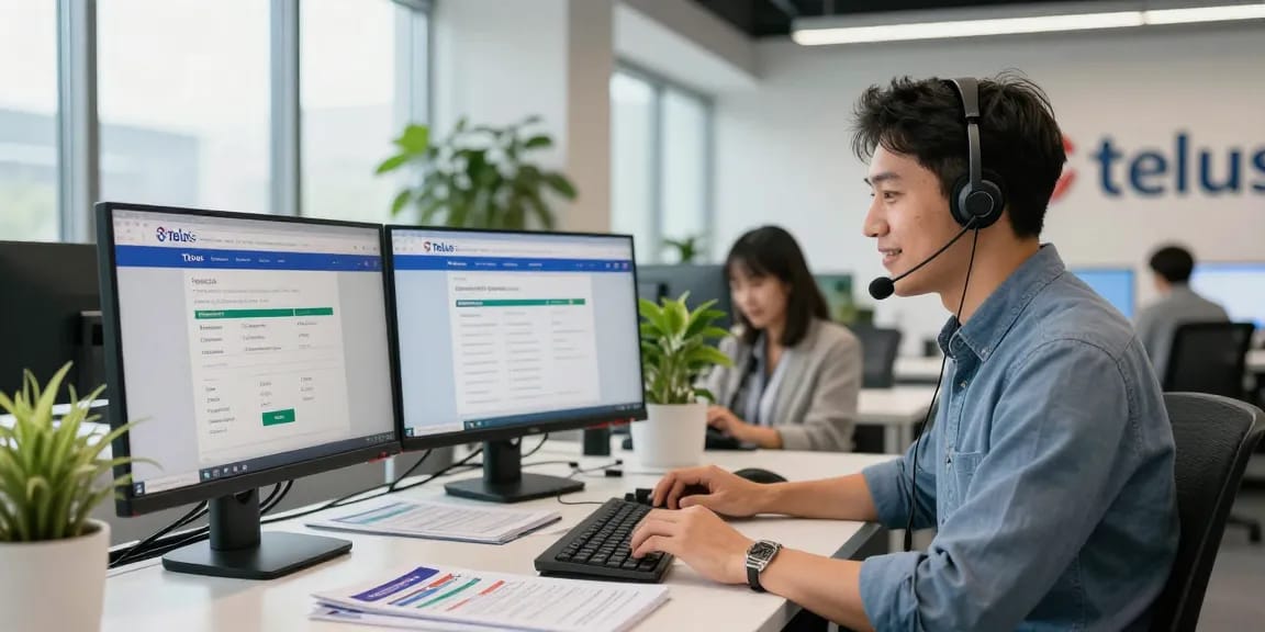Customer service representative providing Telus-Technical-Support assistance in a modern office environment.