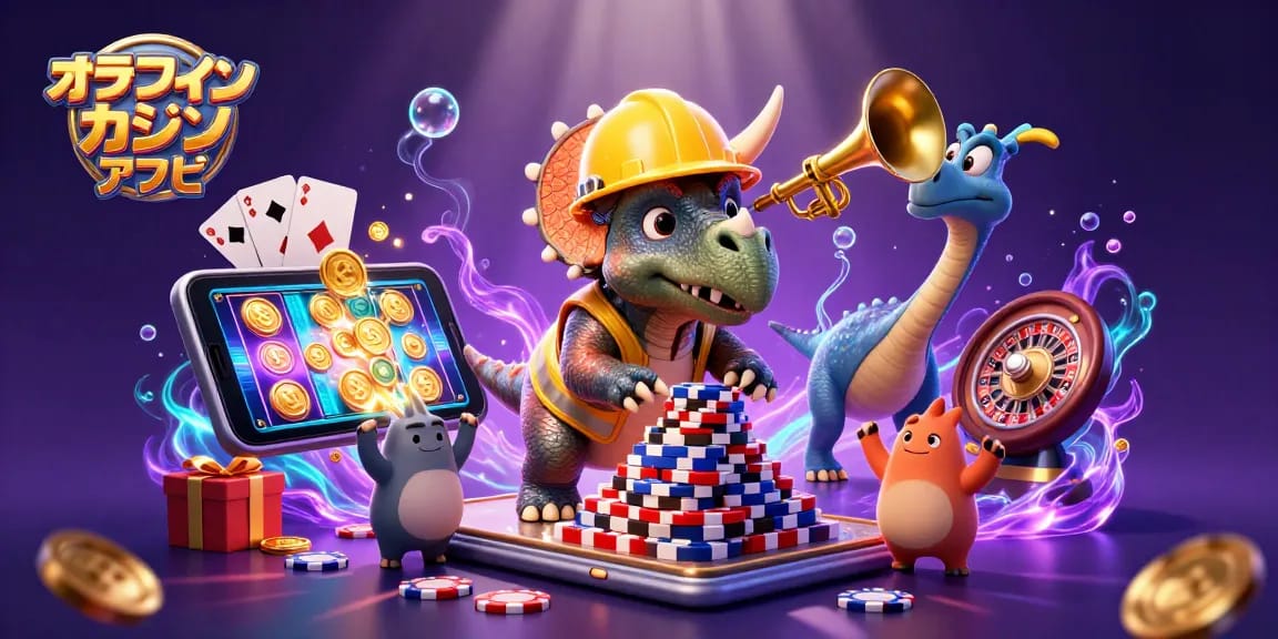 オンラインカジノ アプリをテーマにした3D恐竜がポーカーチップを積むイラスト