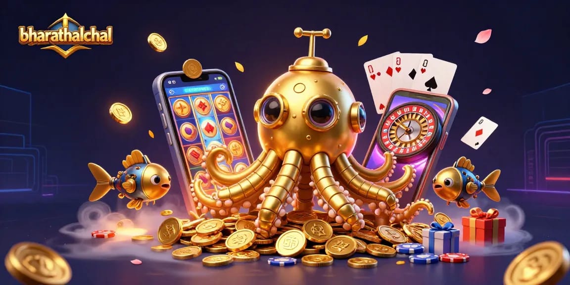 Experience bharathalchal with a golden kraken submarine emerging through coins and vibrant casino games.