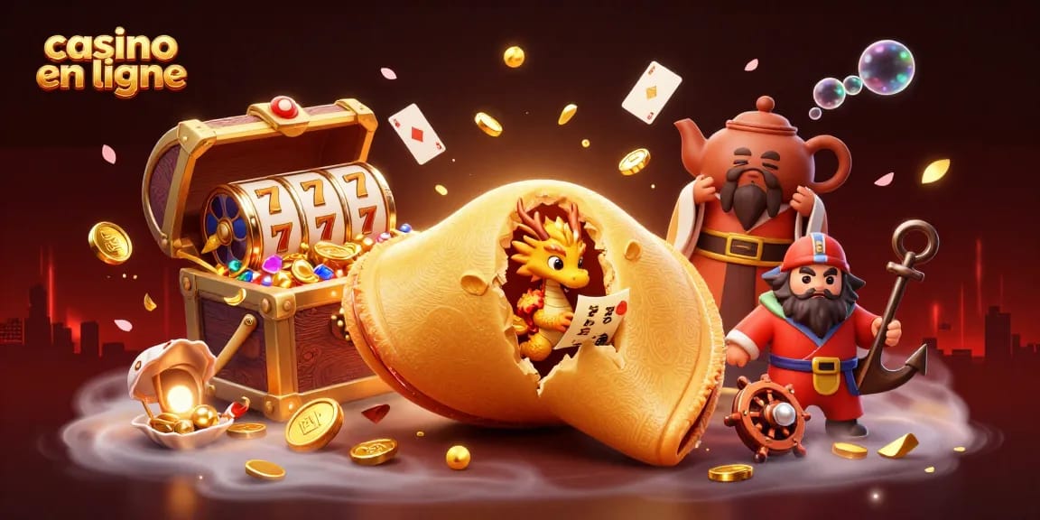 Un dragon sage découvre des fortunes d'un biscuit doré au casino en ligne avec des jeux de machines à sous autour.