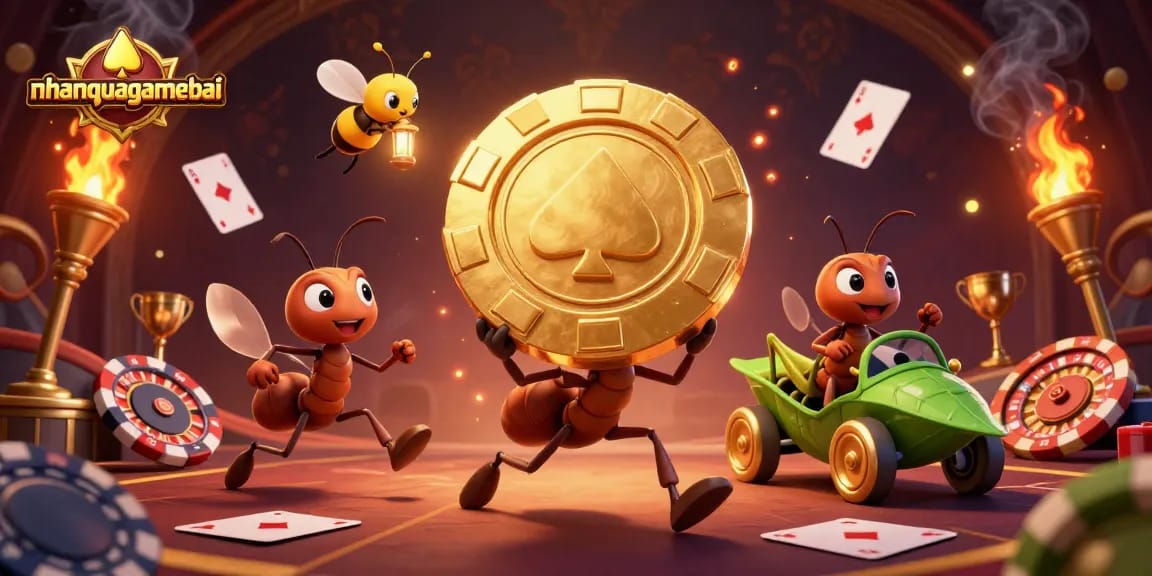 Engage with nhanquagamebai's thrilling card games featuring ants and gold chips.