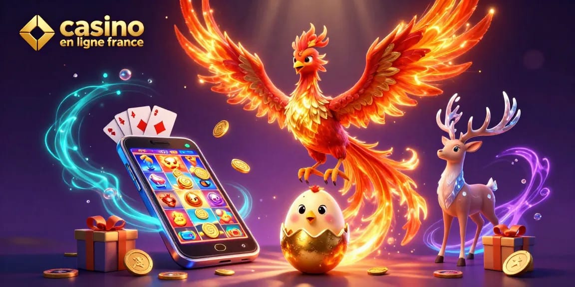 Jouez au casino en ligne France avec des personnages dynamiques entourés de jetons et de jeux.