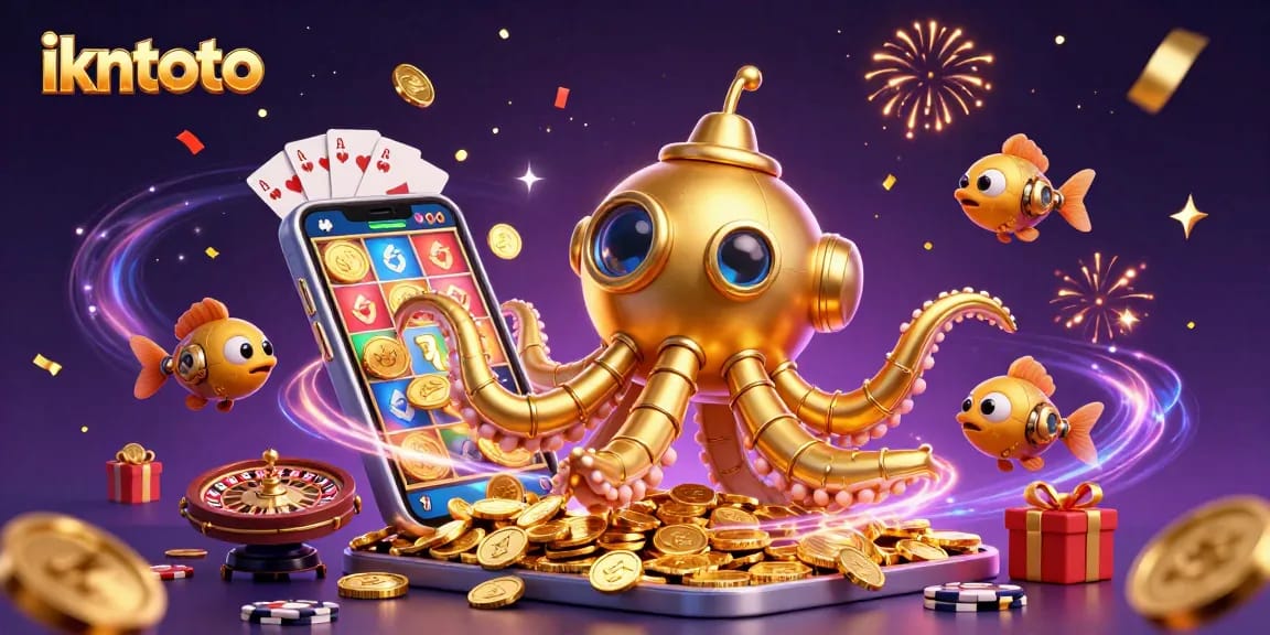 Spin to win with ikntoto's vibrant gaming scene of a kraken submarine and slot games.