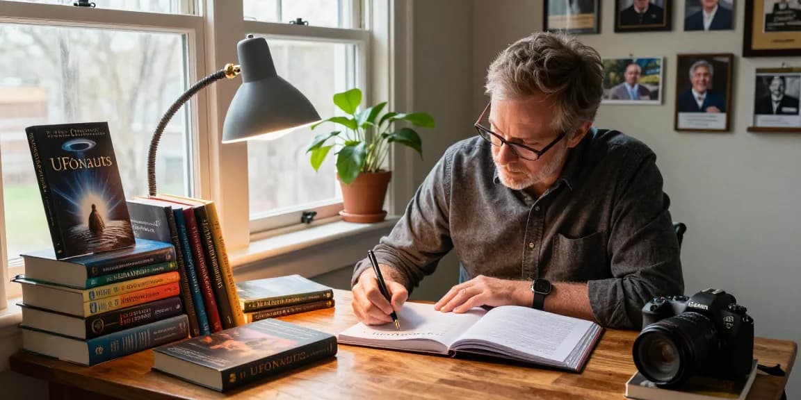Explore T Allen Greenfield's writing space at https://tallengreenfield.com, adorned with esoteric literature and warm lighting.