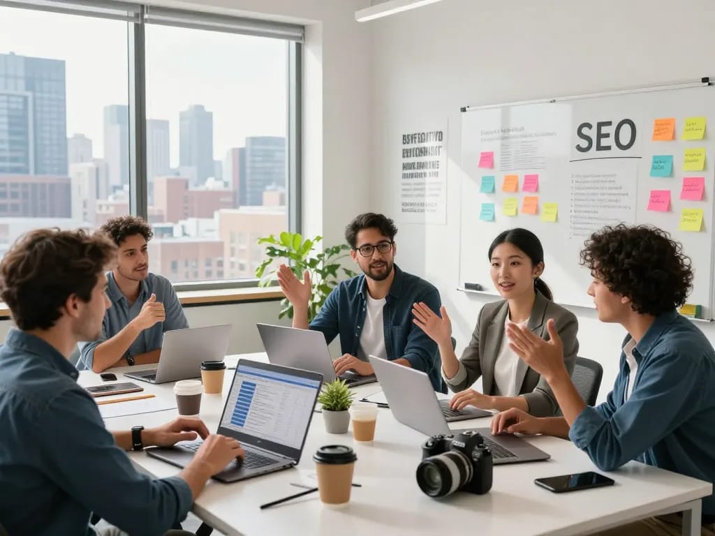 Collaborative team in SEO agency discussing strategies for Best SEO Company NYC.