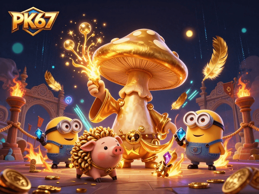 Experience the magic of PK67 with a wizard, treasure-hunting pig, and dynamic casino elements.