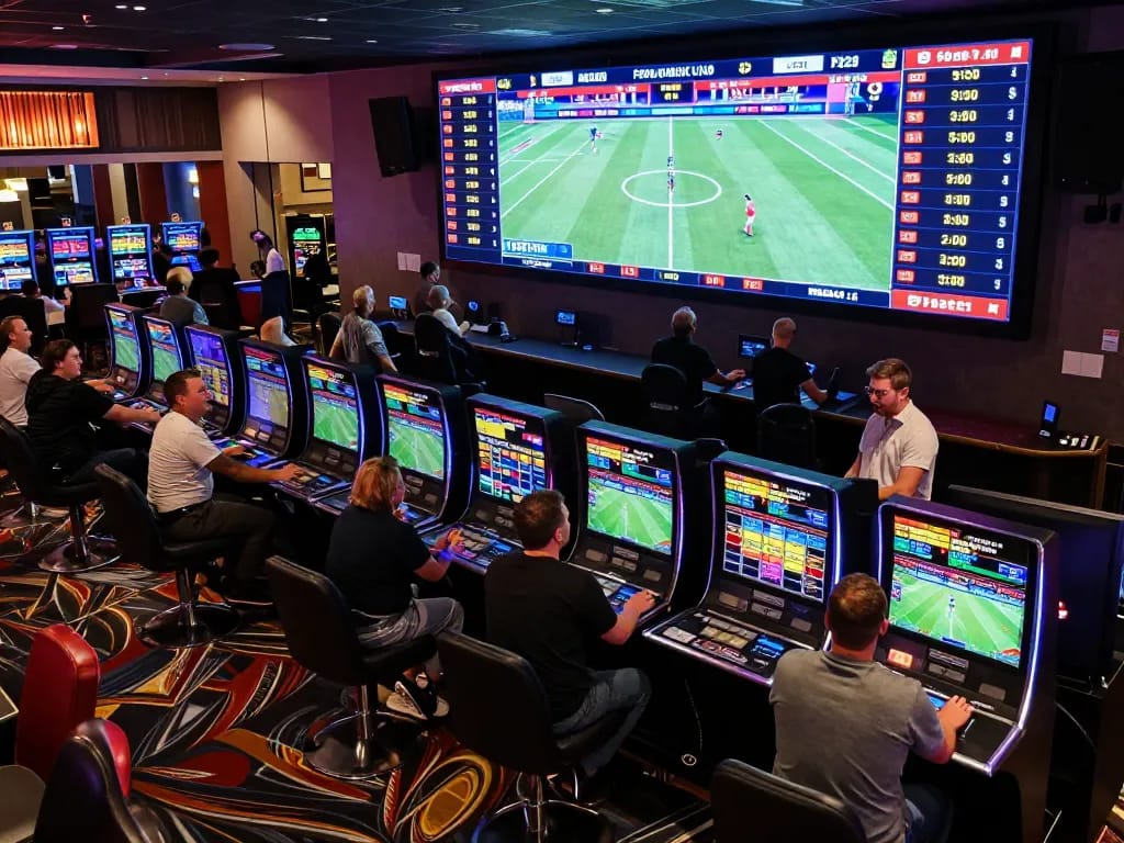 Patrons engaging in sports betting at keonhacaii88, displaying live odds and excitement