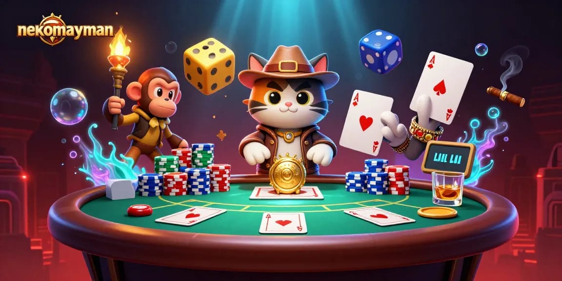 Neko May Man explores thrilling casino treasures with vibrant poker elements, enhancing the nekomayman adventure