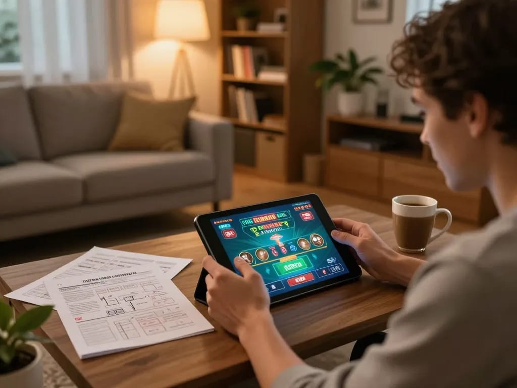 Win678 player enjoying online casino gaming on a tablet in a cozy living room setting