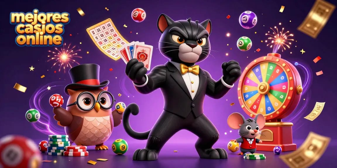 Ilustración 3D mostrando los mejores casinos online con una elegante pantera negra tratando cartas y personajes festivos.