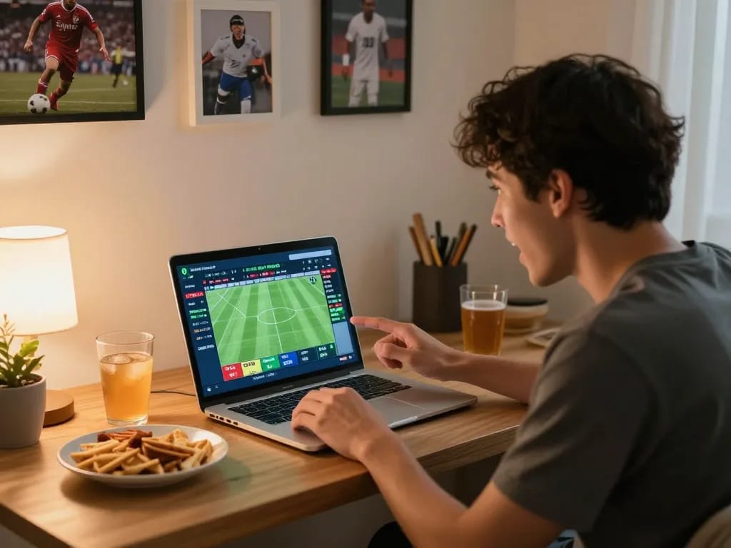 Alo8 betting strategy: Engaging home setup with sports memorabilia and a laptop, capturing excitement in gaming.