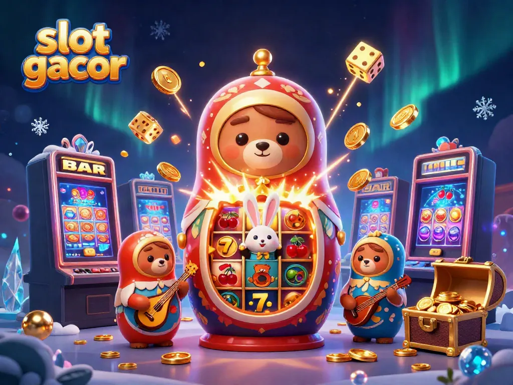 Engage with slot gacor through a vibrant casino-themed illustration filled with exciting characters and game elements.