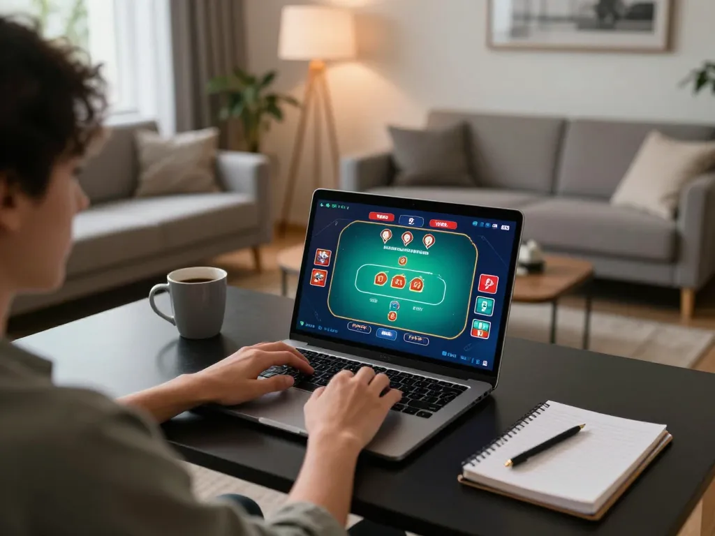 MAX79 player engaging in online poker gameplay from a cozy home setup with strategy notes