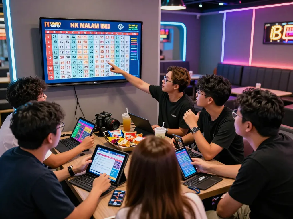 Group of bettors excitedly watching HK Malam Ini results in a vibrant gaming lounge.